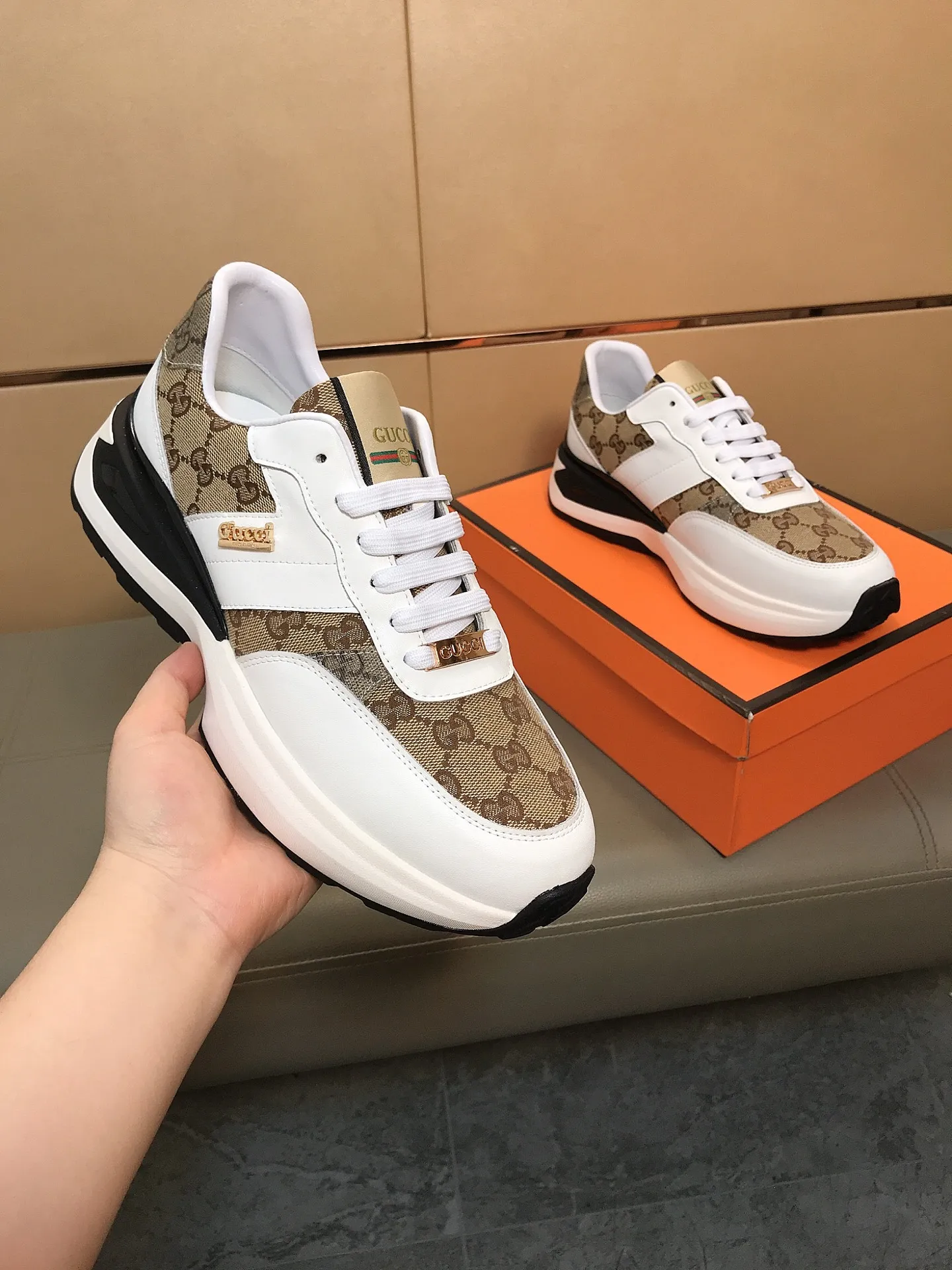Ex-factory price 442 👟👟🆕🆕 (GUCCI) latest casual and fashionable men's shoes, hot style 💥 simple and elegant style, exclusive for trendy men, the upper is made of cowhide + brand printed fabric, sheepskin lining + foot pads, soft and comfortable outsole! 38-44.
